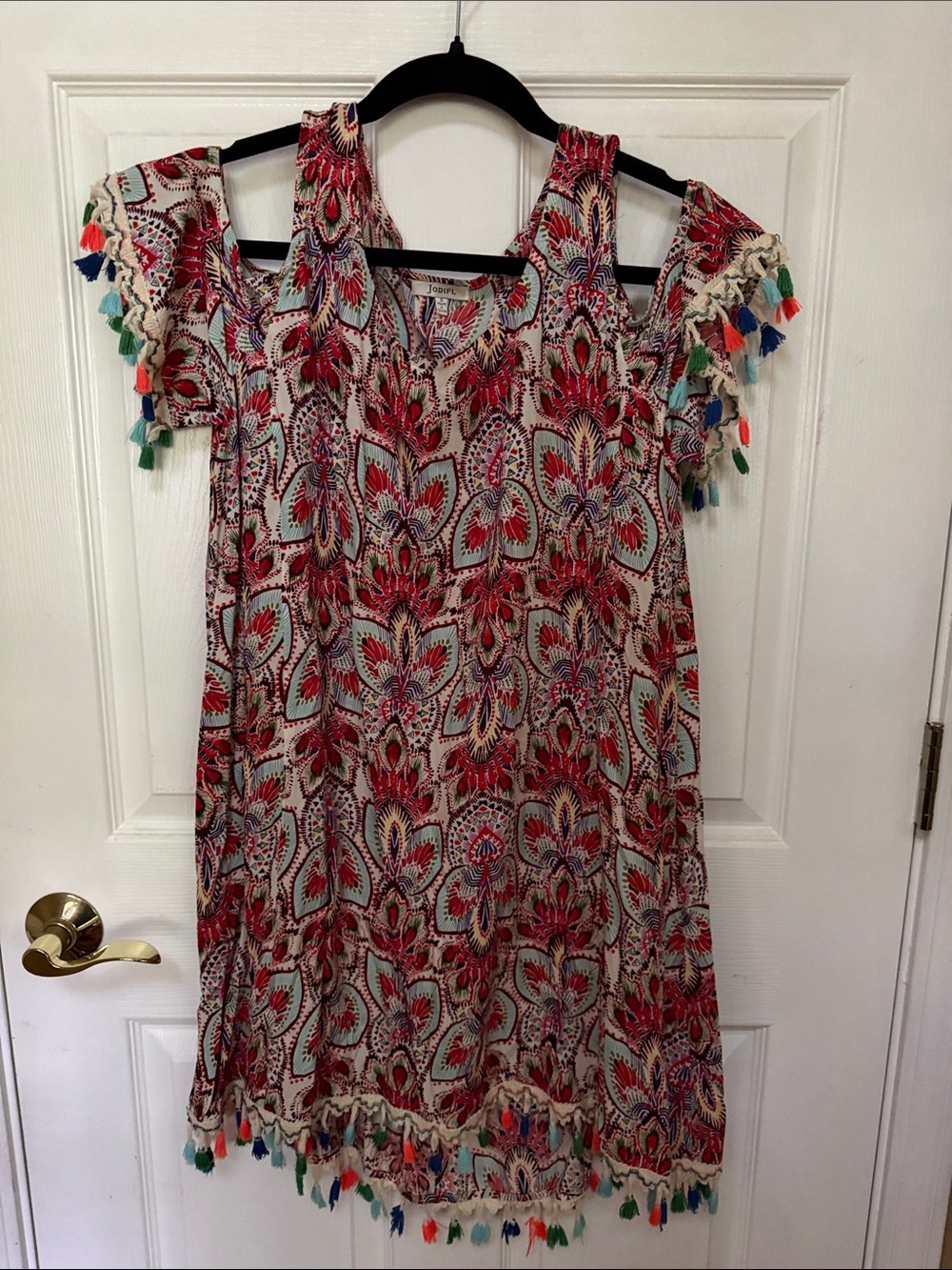JODIFL Red Paisley Cold-Shoulder Dress with Multicolor Tassels